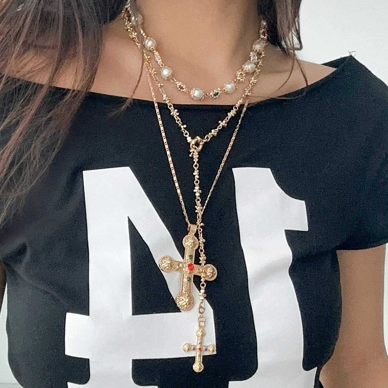 Ingemark Luxury Rhinestone Imitation Pearl Beads Chain Necklace Women Wed Bridal Vintage Jesus Cross Pendant Choker Y2K Jewelry Z250412