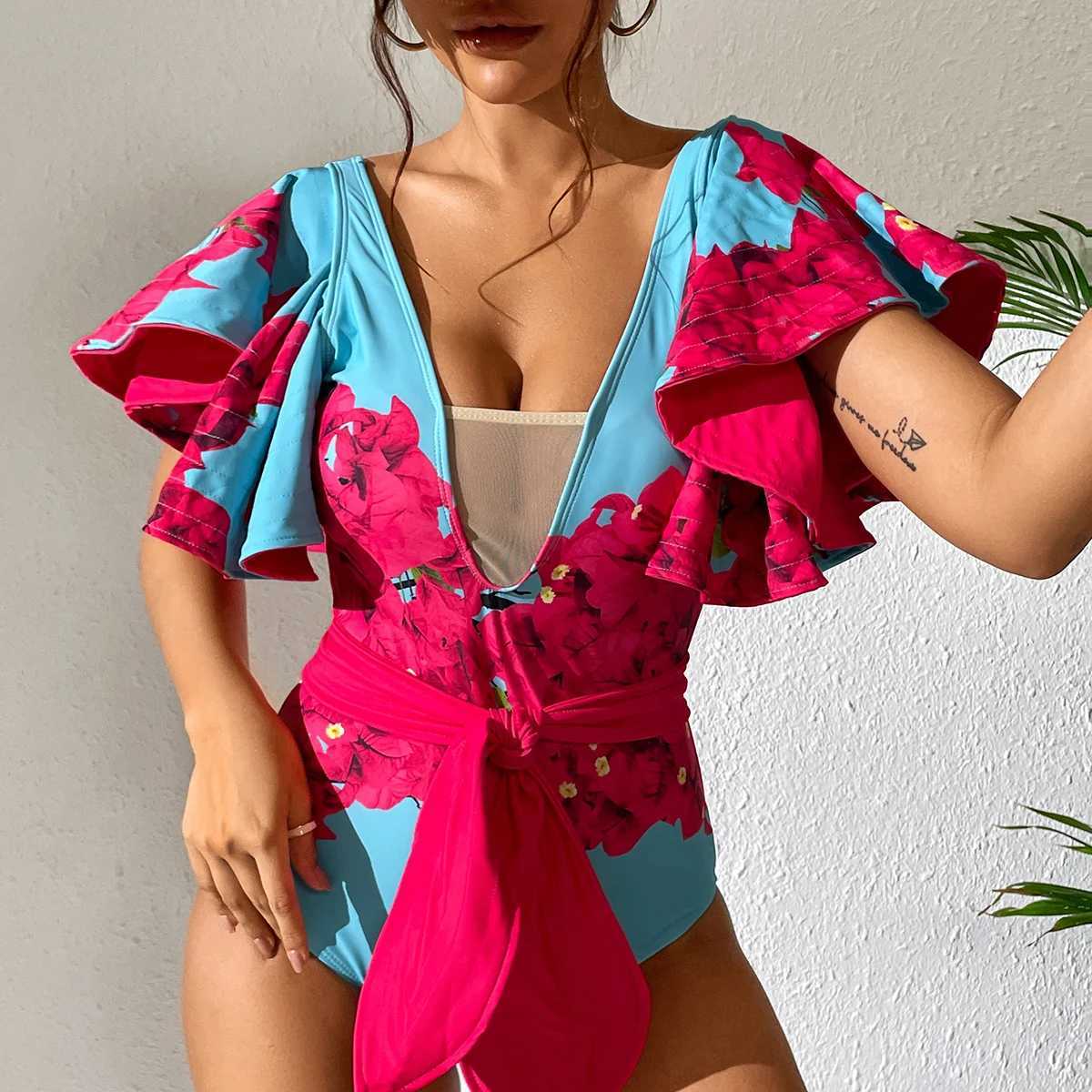 Sexy One Piece Swimsuit 2025 Sexy Ruffle Swimwear Women Swimsuit Floral Print Bathing Suit Beachwear V-Neck Monokini Swim SuitW251113