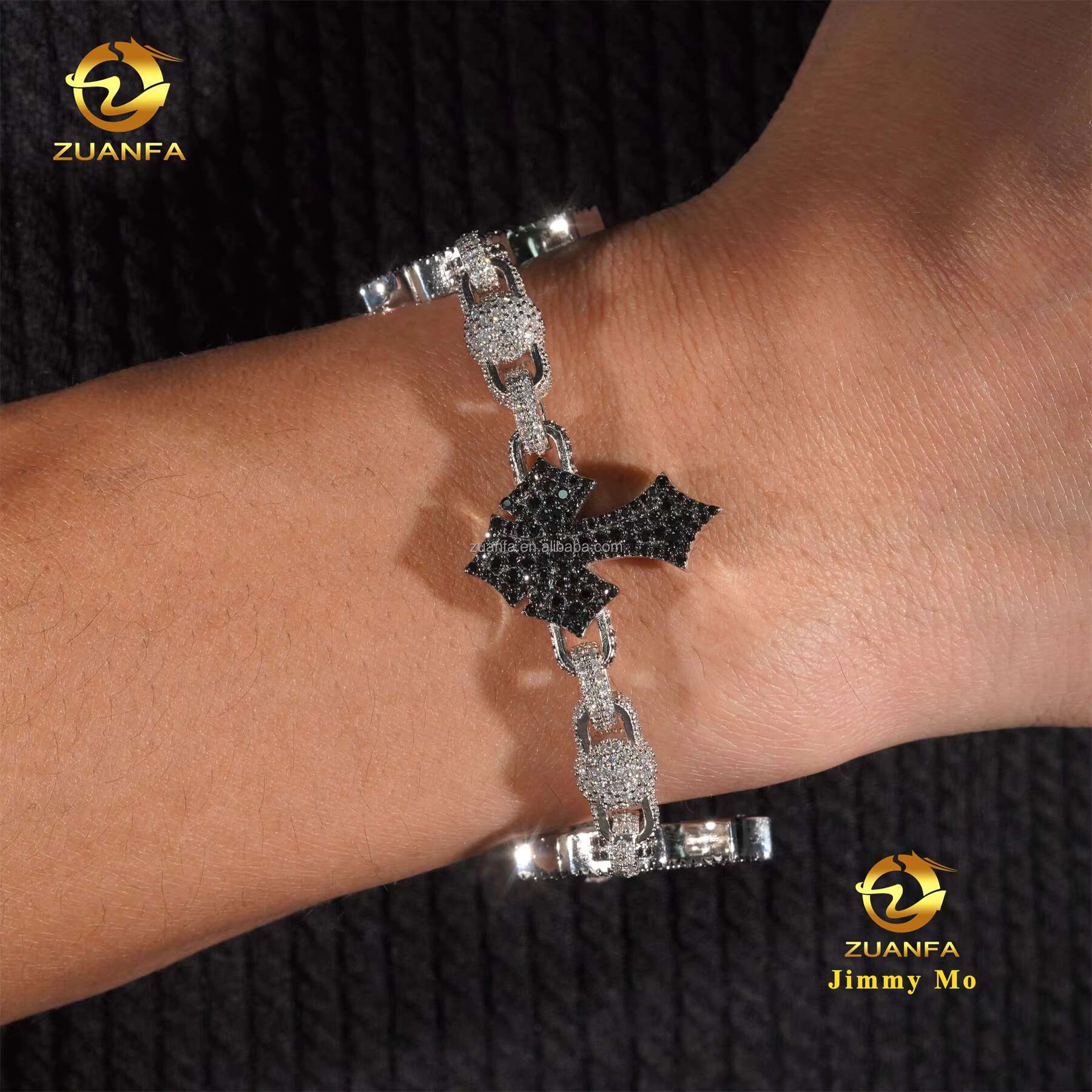 Customized Personalized Black Moissanite 925 Silver Iced Out Hip Hop Jewelry VVS1 Moissanite Diamond Cross Cuban Bracelet Men