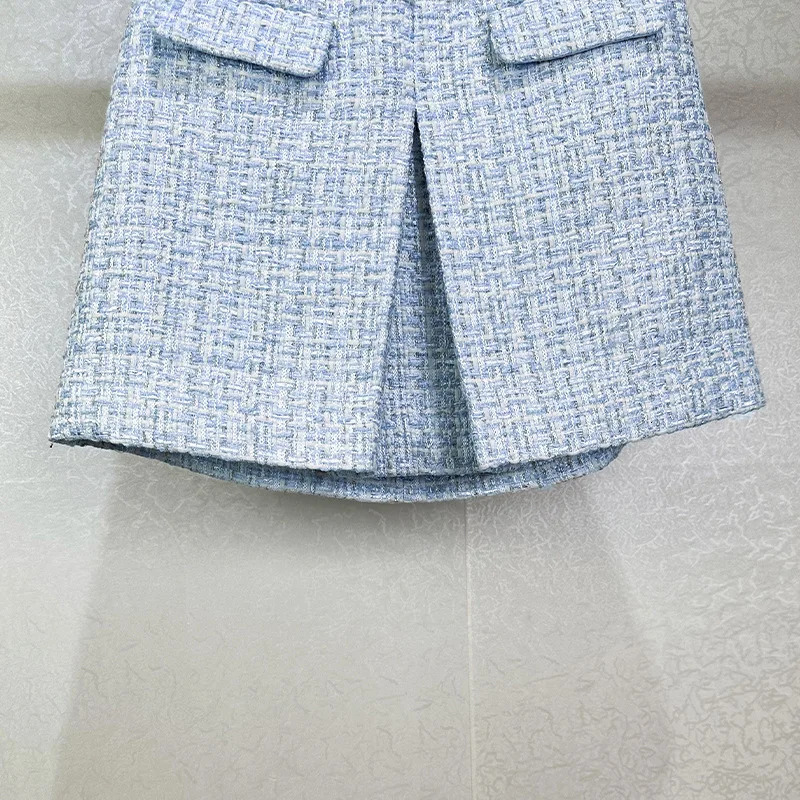 Crystal Tweed Dress 2 Piece Sets Women Tweed Jackets Blue Coats A Line Short Skirts Office Lady Work Retro Casual Outfits 251106