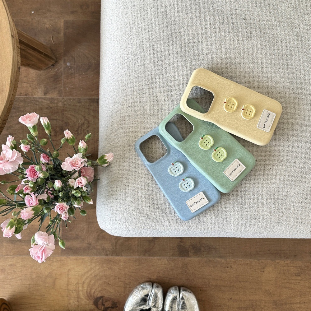 Leather Apple Button Phone Case Compatible with iPhone 16 Pro Minimalist Solid Color Shockproof iPhone 15/14/13 Cartoon Protection