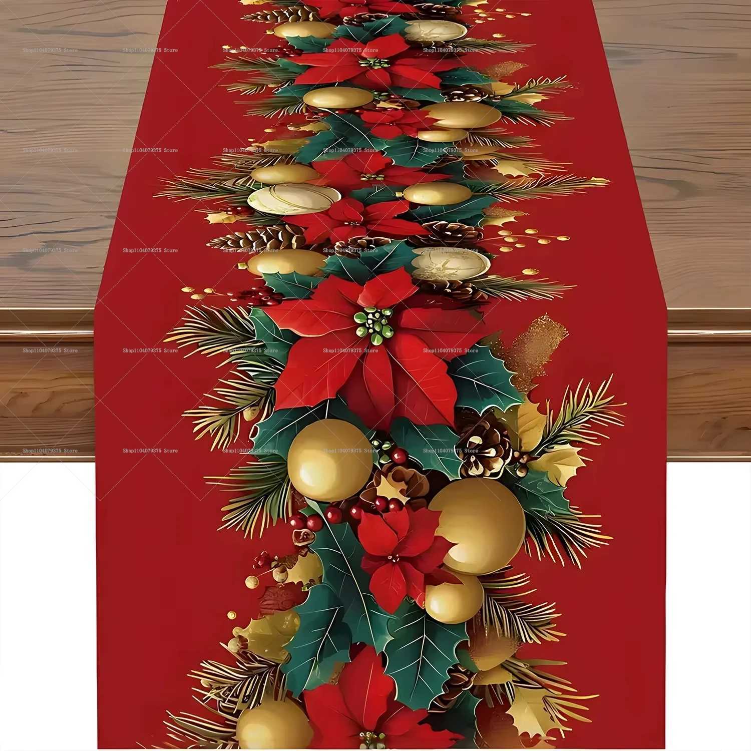 Christmas Christmas Red Leaf Golden Ball Polyester Table Runner Xmas Holiday Poinsettia Gold Ball Table Flag New Year Gift 2026 Y251113