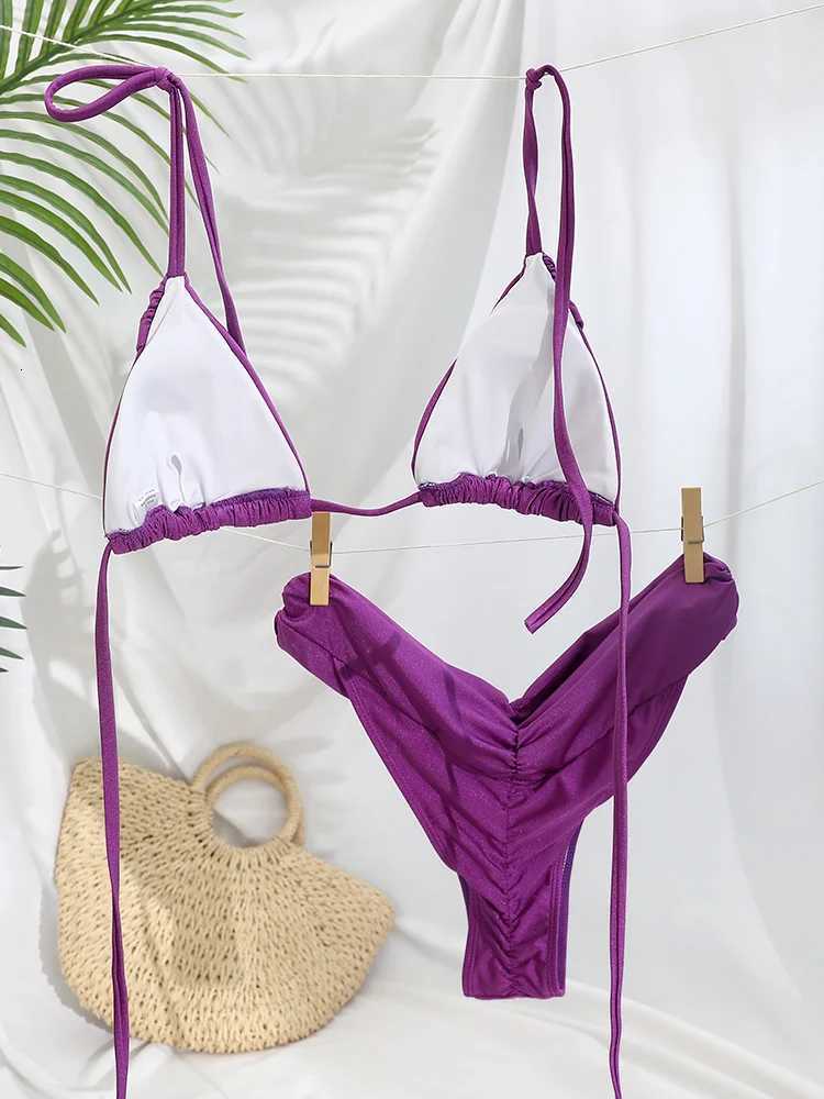 Triangle Bikinis Sexy Swimsuit Women Bandage Swimwear 2025 Bikini Set Solid Color Beachwear Two Piece Suit Female SwimsuitsW251113