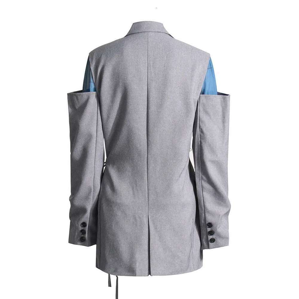 Patchwork Lace Up Casual Loose Blazers For Women Notched Collar Long Sleeve Spliced Pockets Minimalist Blazer Female Style