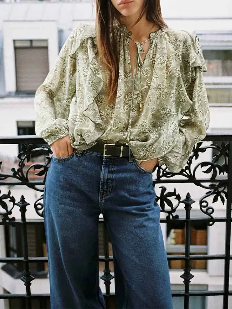 European and American style womens clothing room temperature layered decorative printed shirt 250411