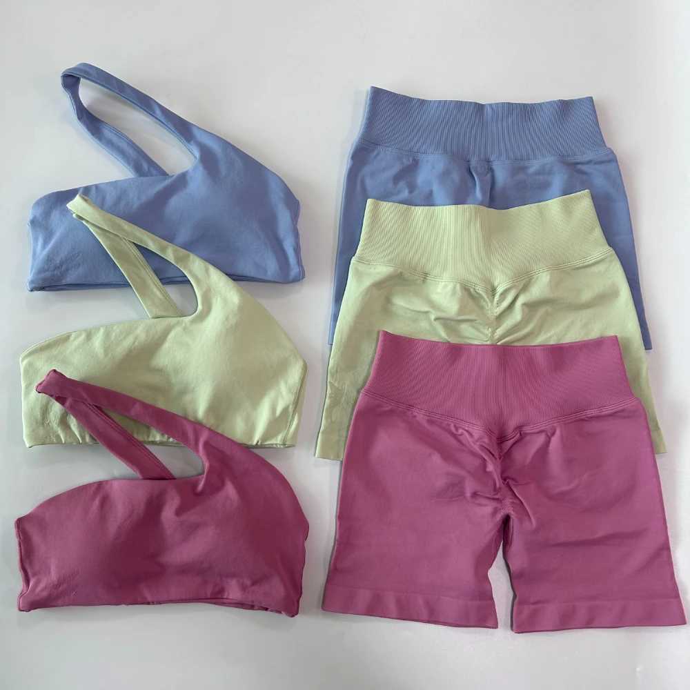 2 Lanyi edited seamless yoga sets with leaves one shoulder bra high waisted gym shorts running clothes activity clothes Y250412