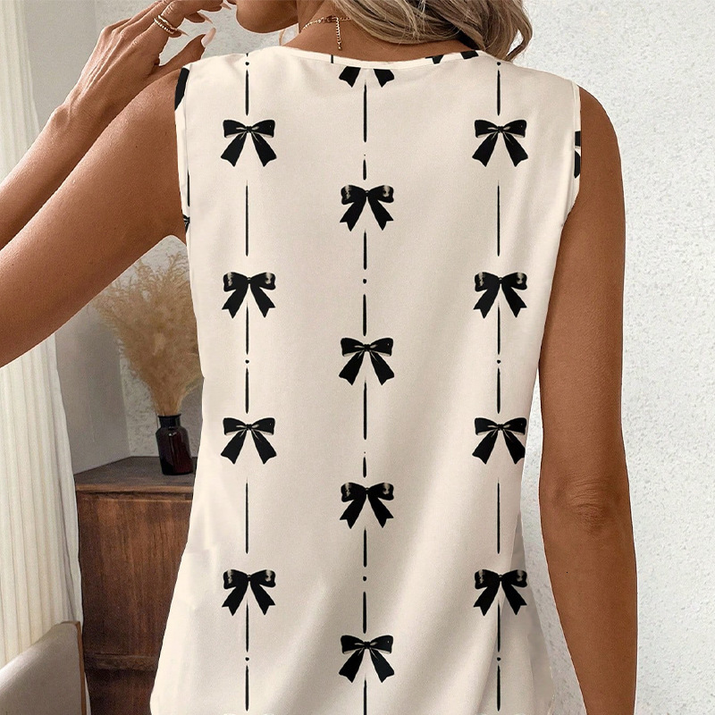 Womens clothing 2025 summer new sleeveless bow shirt V-neck shirt pullover