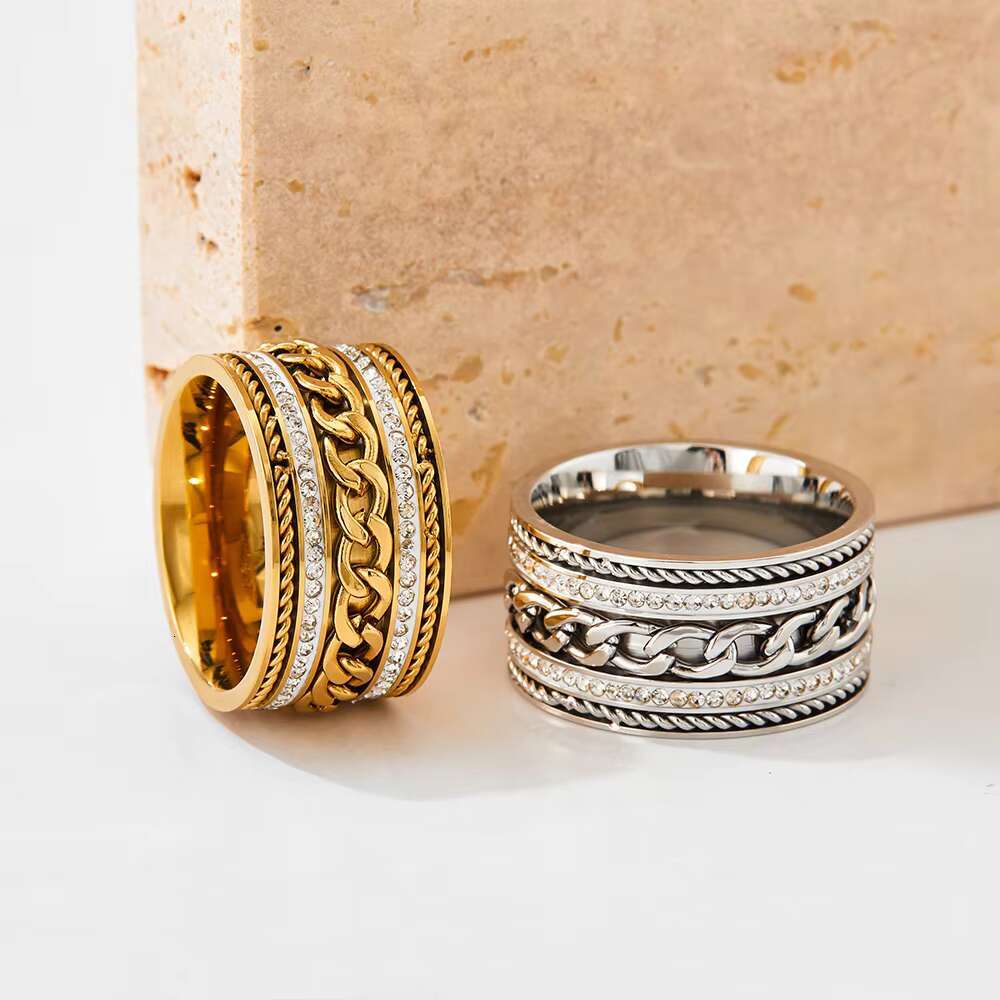 Hip Hop Gold Stainless Steel Cuban Chain Rhinestone Thick Ring for Men Women