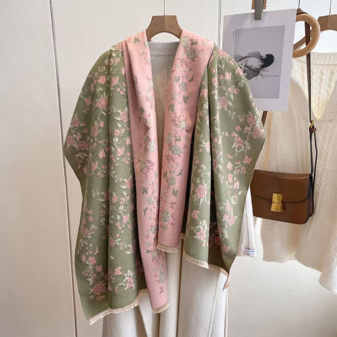 T464 elegant floral beige double-sided scarf female autumn and winter Chinese style printed cashmere shawl thick warm