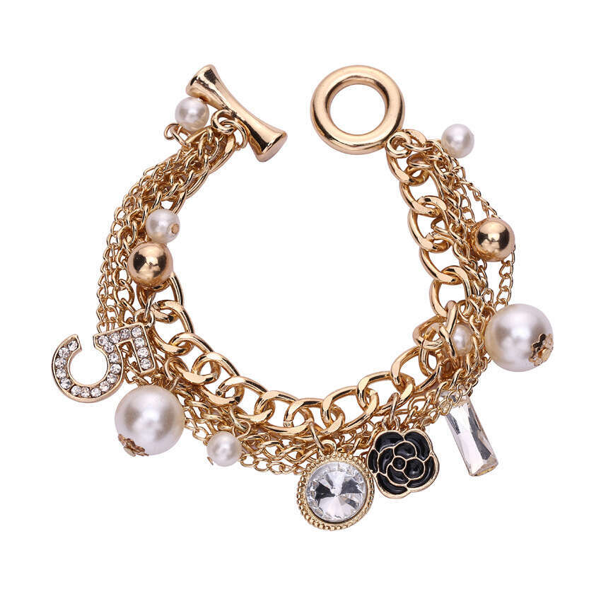 DHcollections Korean Style Multi-layer Small Flower Number 5 Metal Chain Bracelet Jewelry Handmade