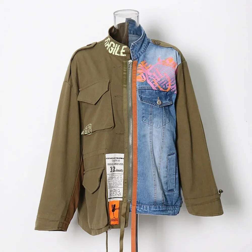2024 New Women Spring Jacket Long Sleeve Fake Two Piece Denim Coat Autumn High Quality Lapel Patchwork Vintage