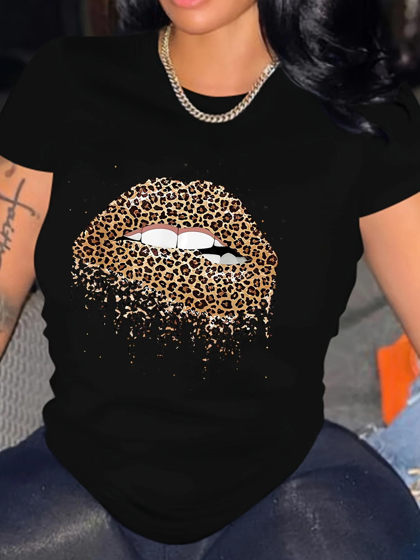 Plus Size Leopard Lips Graphic Tee shirt Valentines Day crew collar short sleeved casual daily top womens clothing 250410