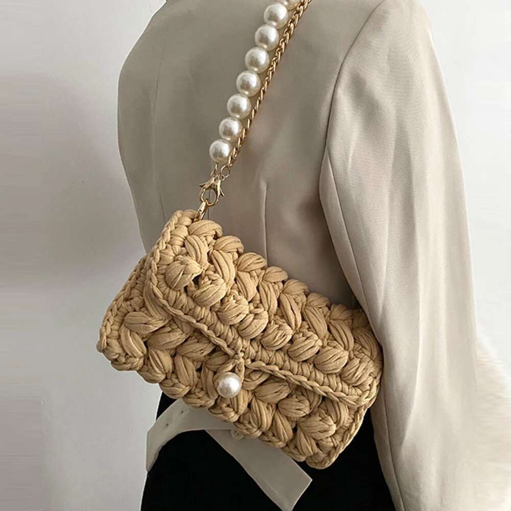 Handmade Rope Crochet Women's Shoulder Designer Knitting Crossbody Bags For Women Handbags Pearls Chains Sg Bag Tote 2022