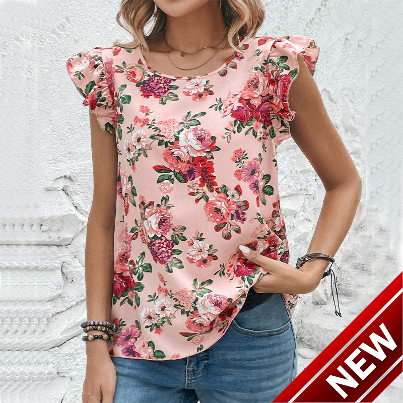 Womens shirt 2025 summer vacation style flower print shirt lotus leaf short sleeved top