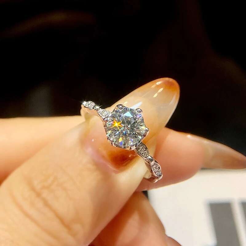 GRA 1CT white Moissanite Diamond Hexagonal Round Sparkling Ring for Womens Daily WearReal 925 Sterling Silver Luxury Jewelry
