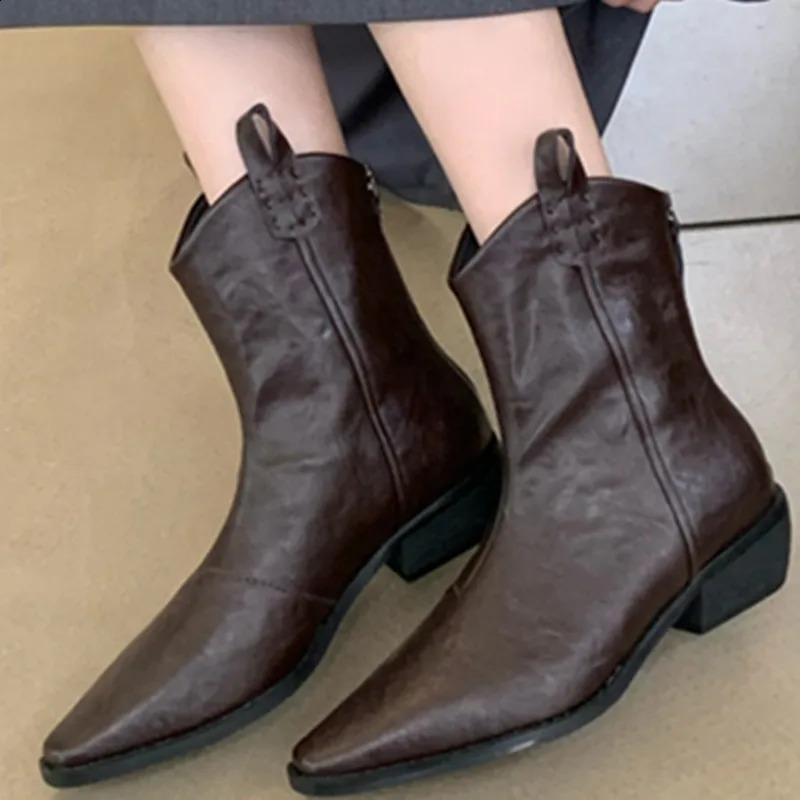 Western Cowboy Boots For Women Retro Sewing All-matching Lnight Boots Mid Heel Leather Pointed Toe Female Shoes Chelsea Boots 250411