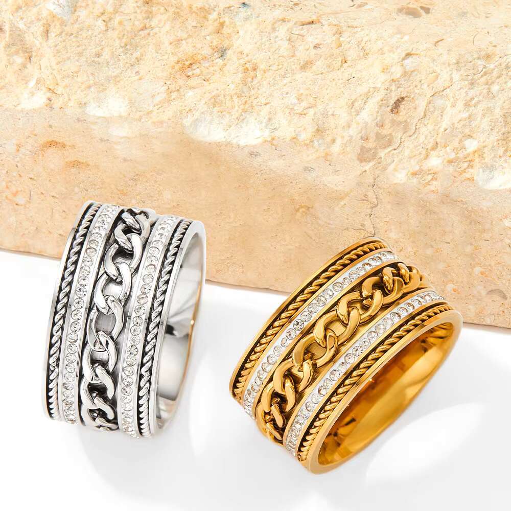 Hip Hop Gold Stainless Steel Cuban Chain Rhinestone Thick Ring for Men Women