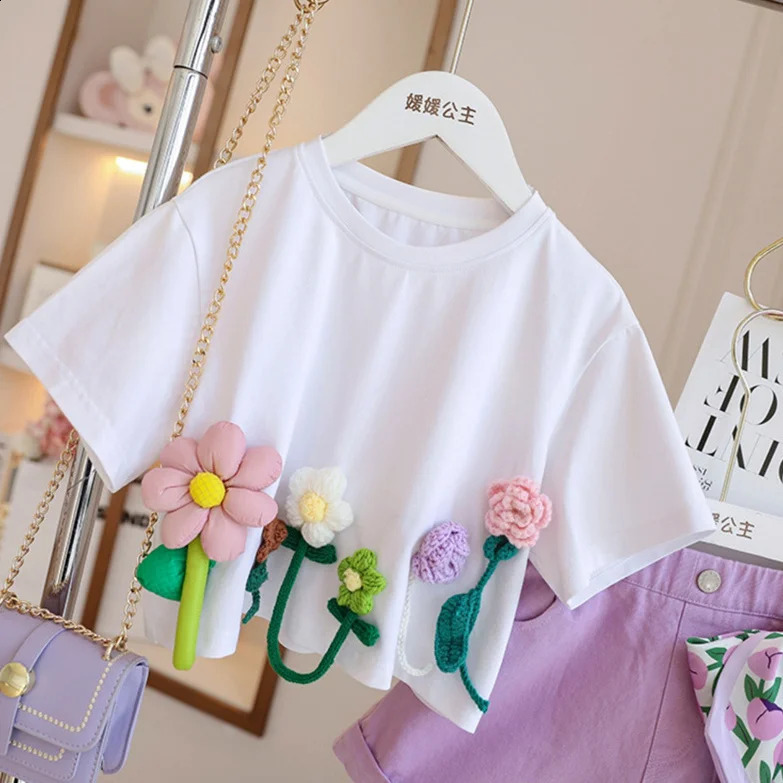 Childrens T-Shirts Three-dimensional Flower Decoration Short Sleeve Kids Clothes for 3 To 13 Years Girls Tshirts 250411bj
