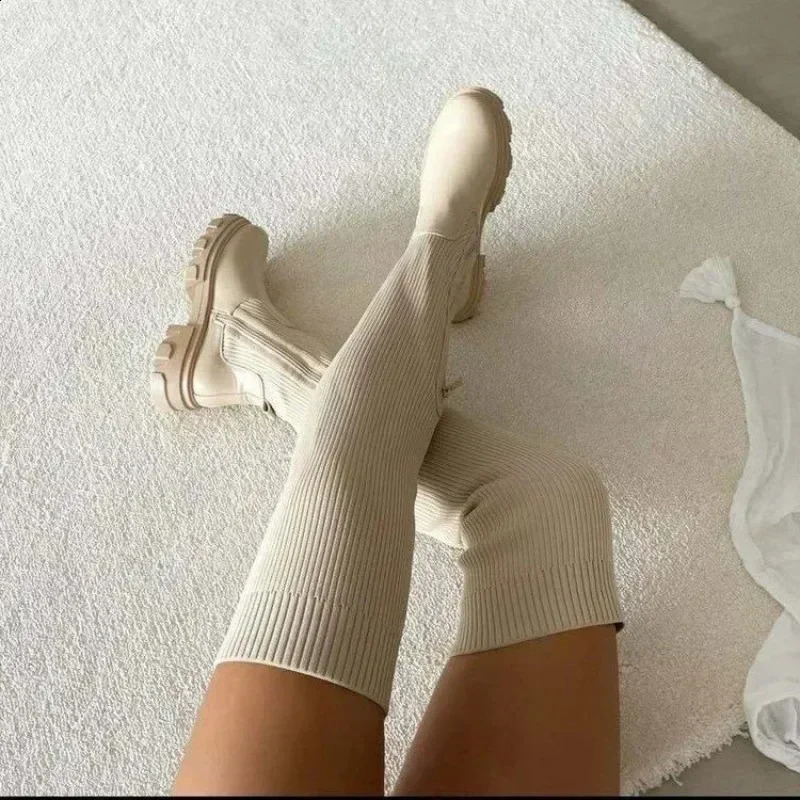Womens Over The Knee Boots Stretch Knitted Winter Boots Women Fashion Platform Boot Splicing Ladies Sock Shoes Woman Long Boots 250411