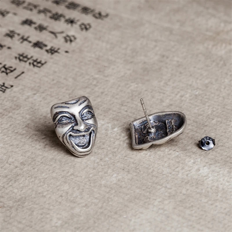 YIZIZAI 925 Sterling Silver Creative Mask Man Stud Earrings Punk Street Style Smile Crying Face Earrings For Men Women Jewelry 250411