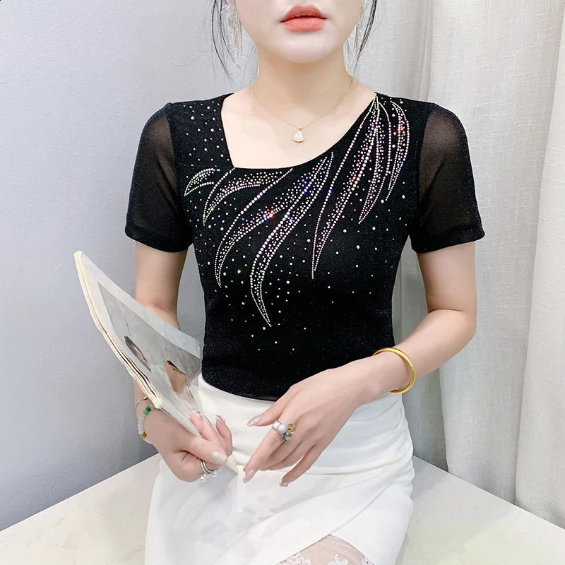 Aoxison Fashion Summer Womens Tshirt Diamond Vneck Short Sleeve Mesh Elegant Casual Slimming Top 250407