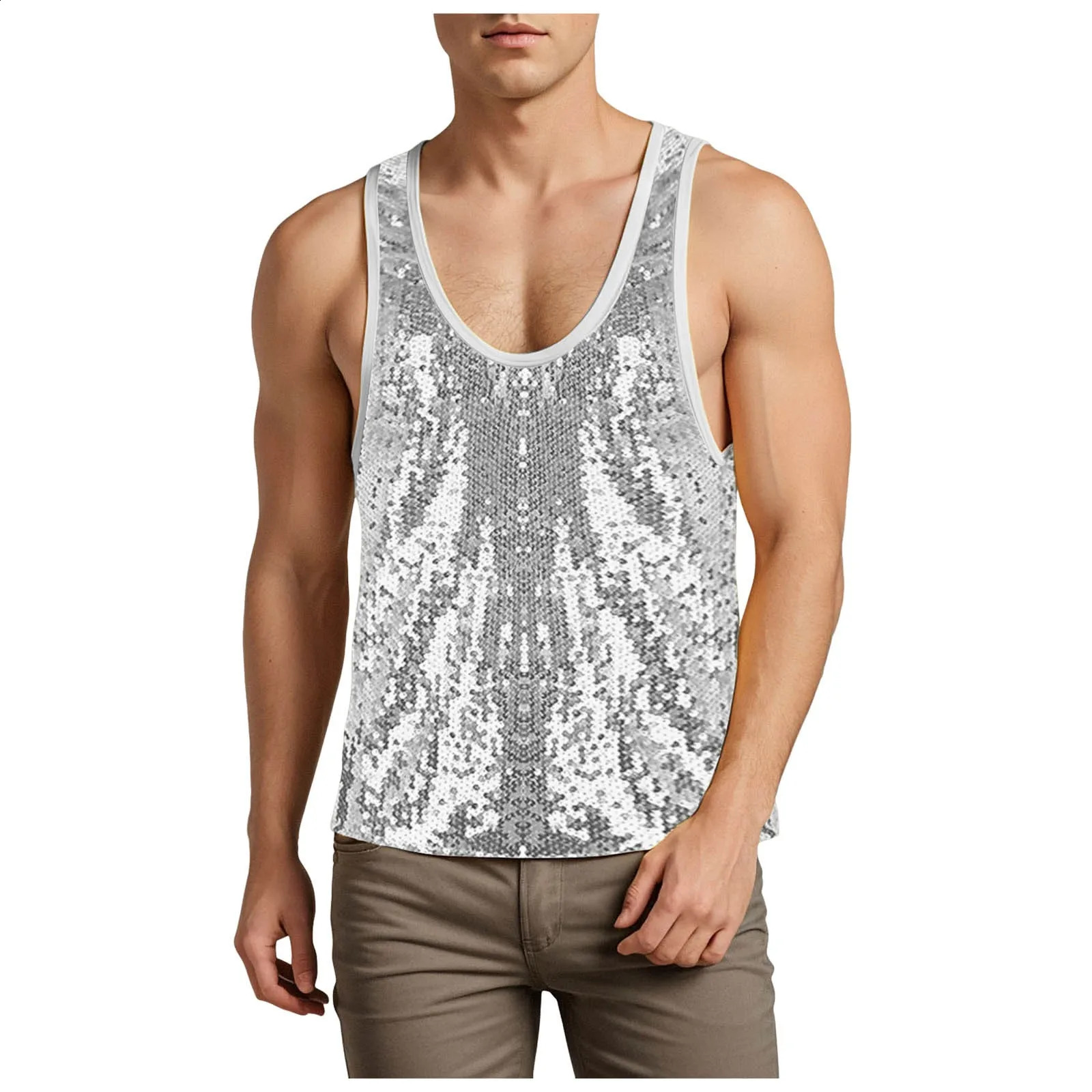 Mens Summer Sequin Vest Beach Vacation Sleeveless U Neck Sequin Splicing Tops Male Temperament Sparkle Fashion Camisole 250407