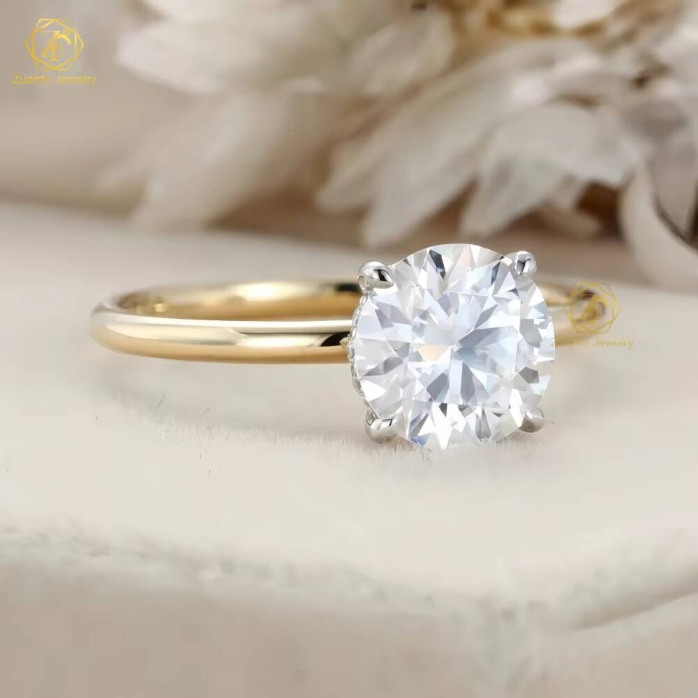 Custom Fine Jewelry Wedding Ring 1ct 15ct 2ct 10k 14k 18k Solid Gold Round Cut Solitaire Diamond Hidden Halo Moissanite Ring
