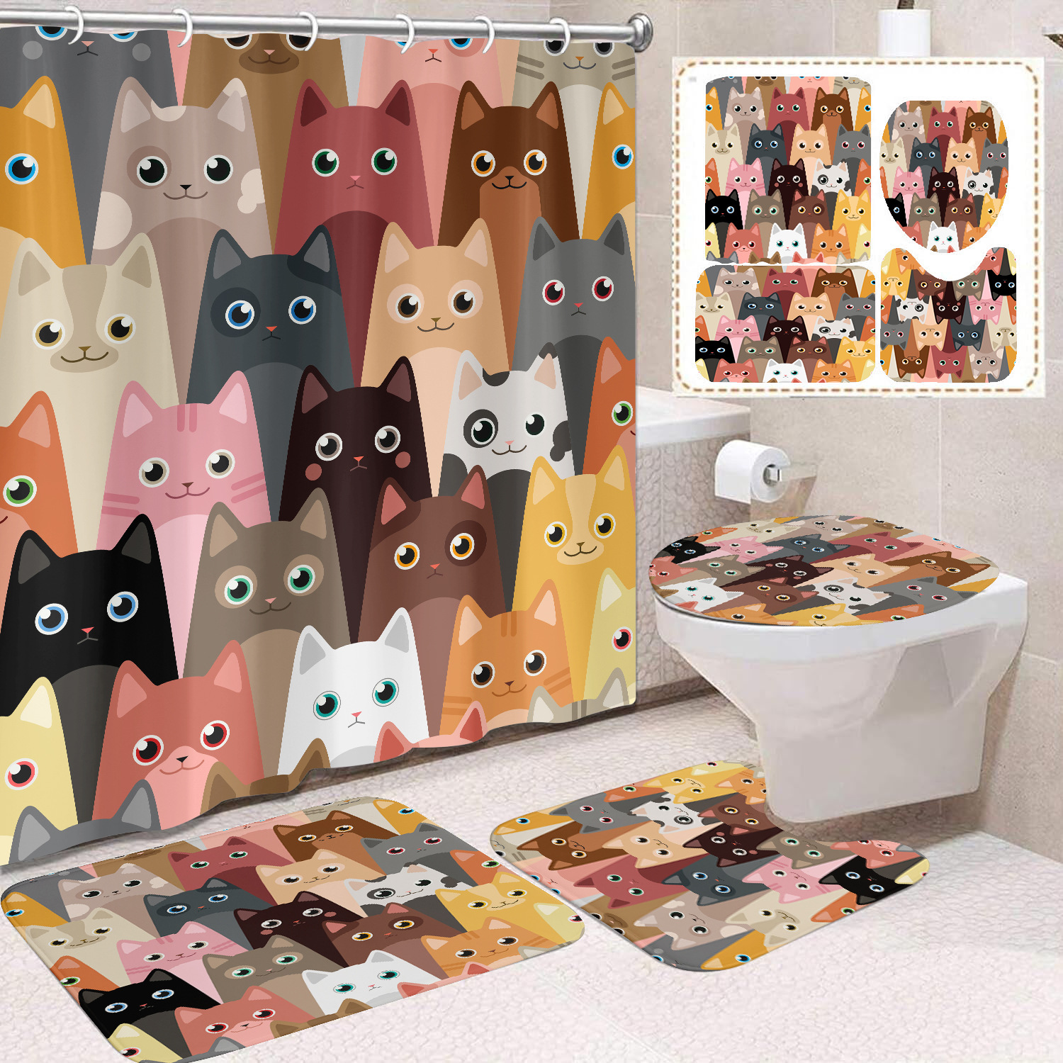 YL-37699 Black and White Cat Shower Curtain Waterproof and Mildew-proof Digital Print Shower Curtain Four-Piece Set