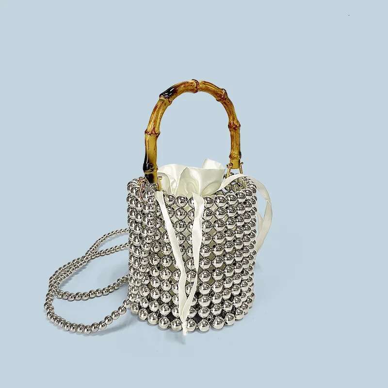 New Niche Design Drawstring Bucket Pearl Chain Hand-Held Bamboo Bag, Hand Woven Crossbody Bag