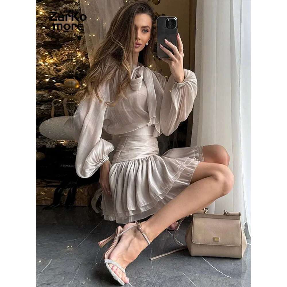 Chic Bow Top Mini Skirts Sets Women O-Neck Long Lantern Sleeve Blouses High Waist Pleated Skirt 2025 Spring New In Matching Suit