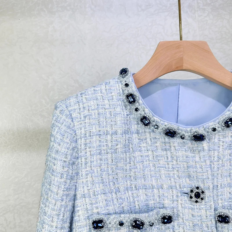 Crystal Tweed Dress 2 Piece Sets Women Tweed Jackets Blue Coats A Line Short Skirts Office Lady Work Retro Casual Outfits 251106