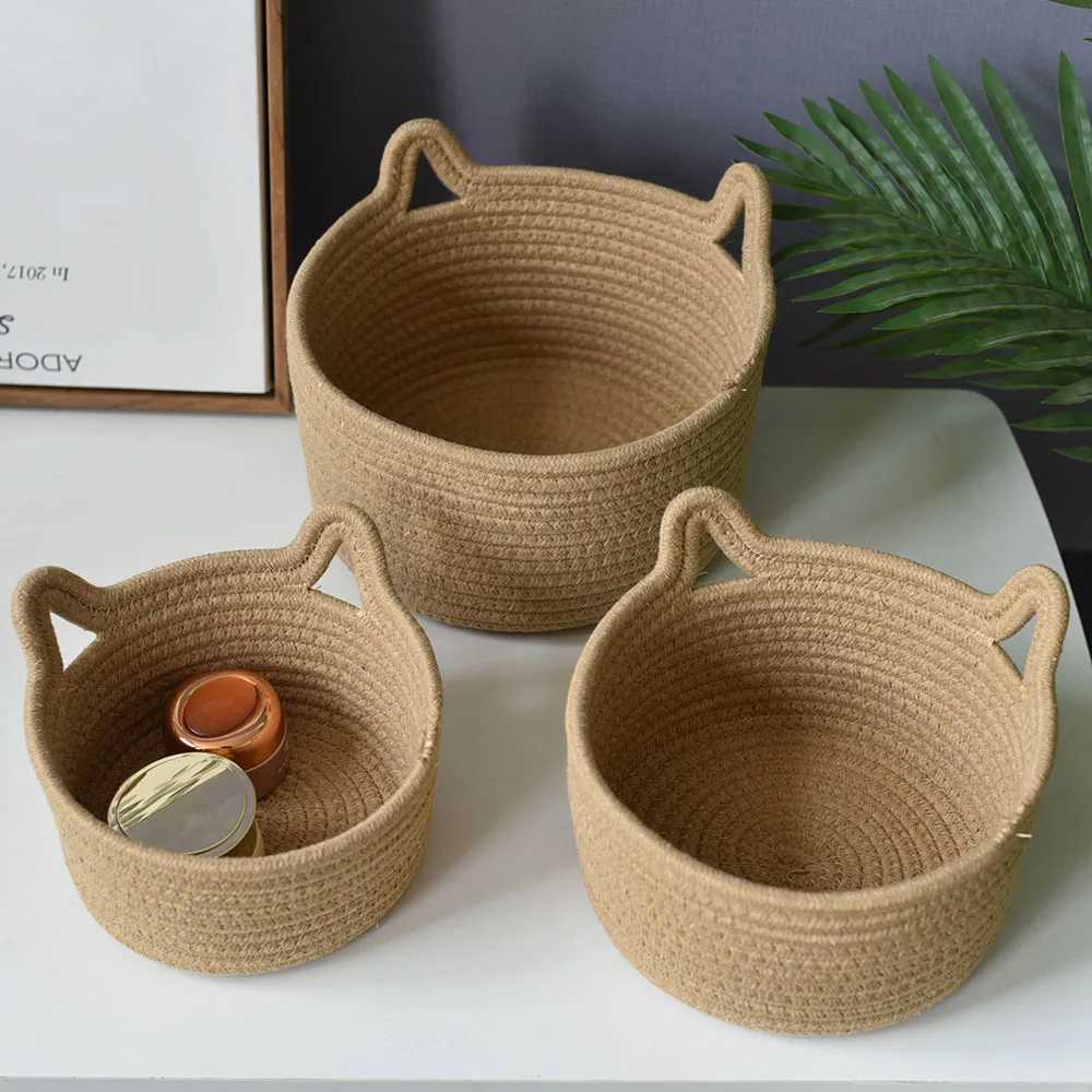 Cat Ear Storage Basket Handwoven Cotton Rope Round Bin Cute He Organization for Bedro Natural Style Y251112