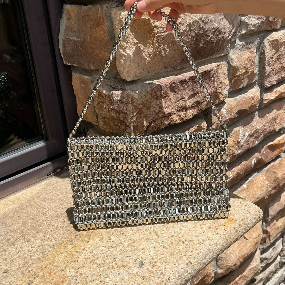 New Retro Metal Shiny silver Handwoven Beaded Pearl Sequin Underarm Bag Handbag