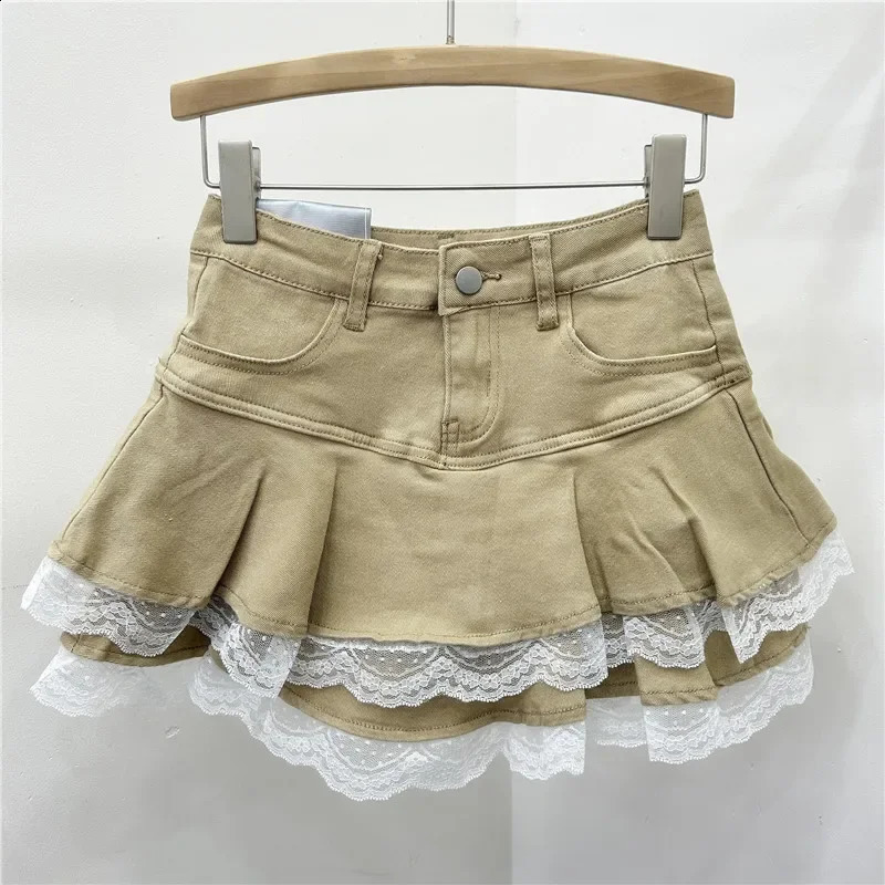 Elastic Lace Trim Denim Mini Skirt Womens A- Line Flared Cake Skirt High Waist Trendy Short Pants Autumn Collection 250407