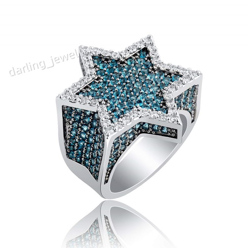 Hip Hop Fashion Jewelry Iced Out Punk Rapper Band Hexagram Star Ring for Men Women