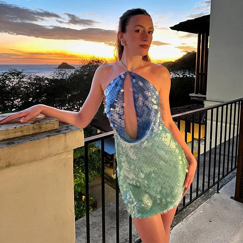 Halter Sequin Short Dress Color Patchwork Hollow Out Hanging Neck Socialite Gown Sexy Backless Slim Fit Beach Beaded Dresses 250409