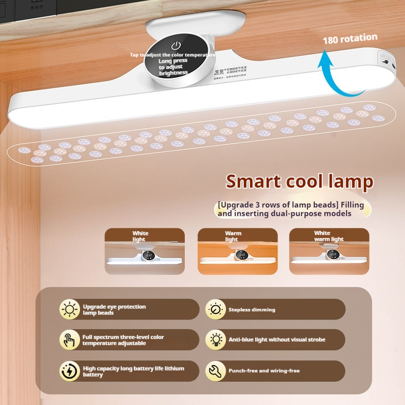 bright Smart Rechargeable 14'' Magnetic Desk Light Bar with timer , LED Step Less Dimming, 3 Color Mode Under Table Lamp for Bedrooms, Studi