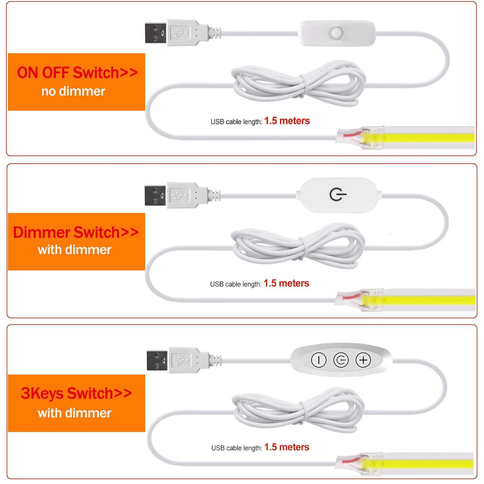 Dimmable COB LED Strip Light 5V USB Flexible LED Tape with ON OFF Switch 320LEDs High Density Linear Lighting with Adhesive Tape W251112