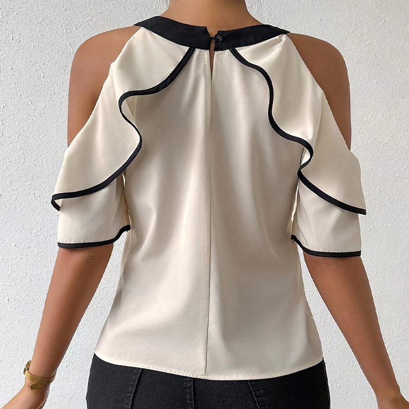 Womens 2025 temperament double-layer short sleeved shirt bow collar shirt pullover