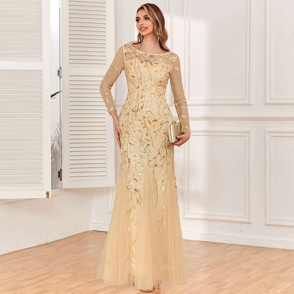 Designer 2025 Hot Selling Long Sleeved Round Neck Back Zippered Fishtail Banquet Evening Dress For Women