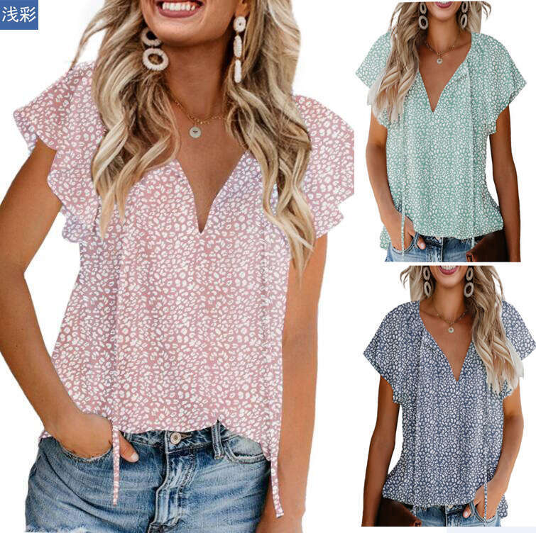 8-Color High-Quality Summer Women's Floral Casual V-Neck Chiffon Shirt Loose And Simple Short Sleeved Top