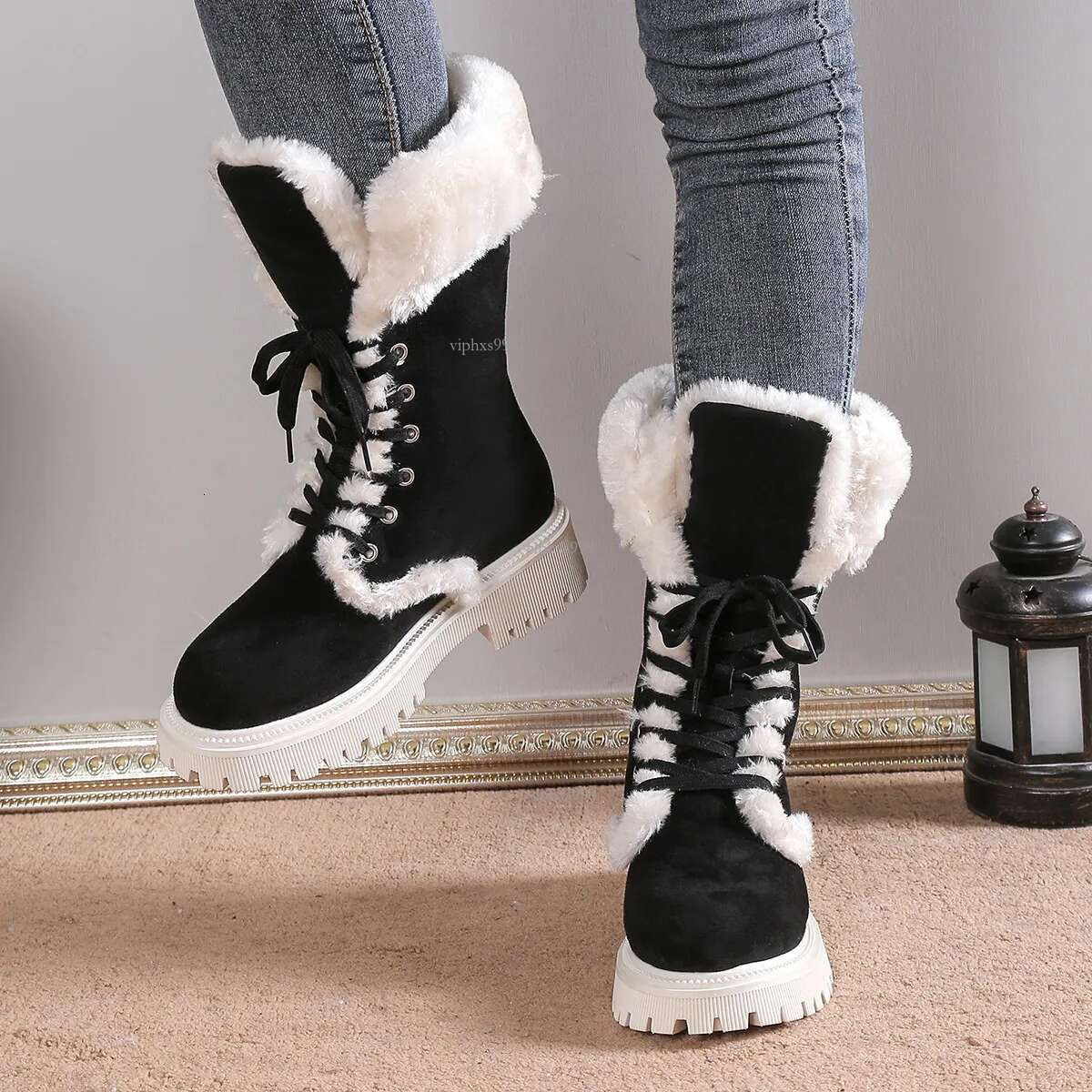 New Free Shipping Designer Shoes Autumn And Winter Oversized Plush Warm Thick Soled Mid Length Boots Fashionable Round Toe Lace Up Snow Boots For Wome