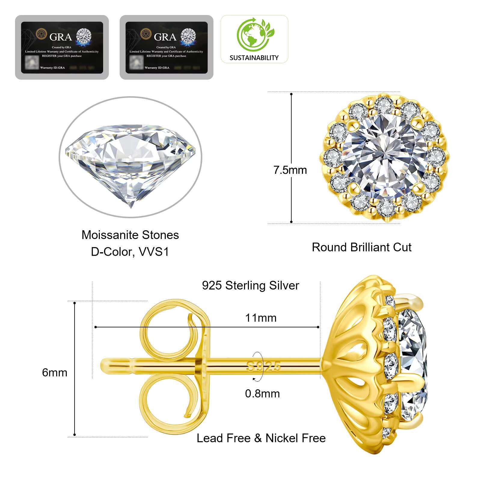 Moissanite Earring Women Christmas Gift 1/2 Carat D Color VVS1 Diamond 925 Sterling Silver Halo Earring for Birthday Anniversary