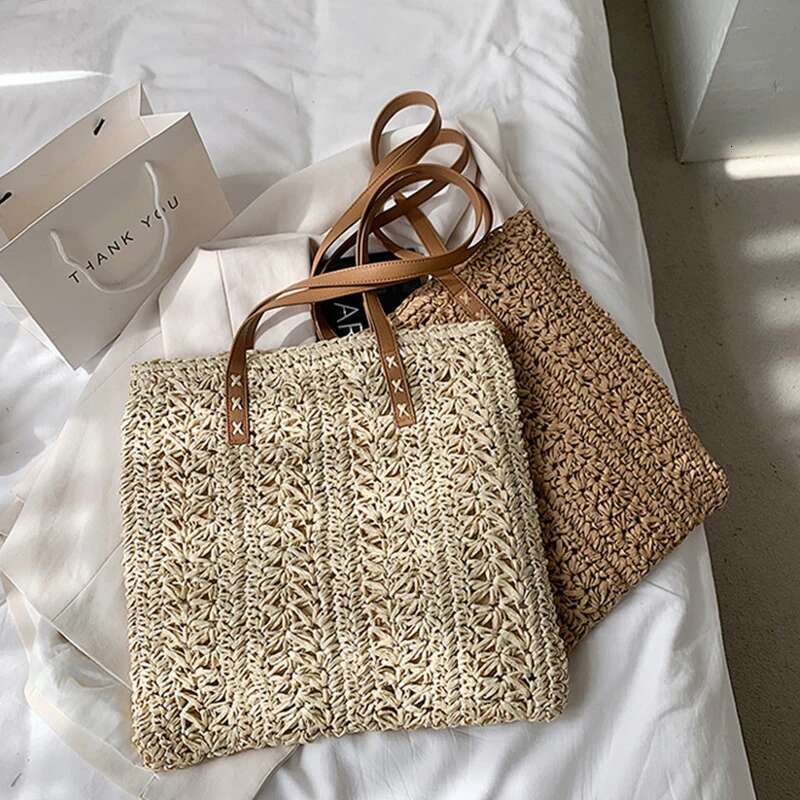 Handmade Beach Bag Square Hollow Straw Beach Handmade Woven Shoulder Raffia Rattan Shopping Travel Bag Bohemian Summer Vacation Casual Tote Kq1
