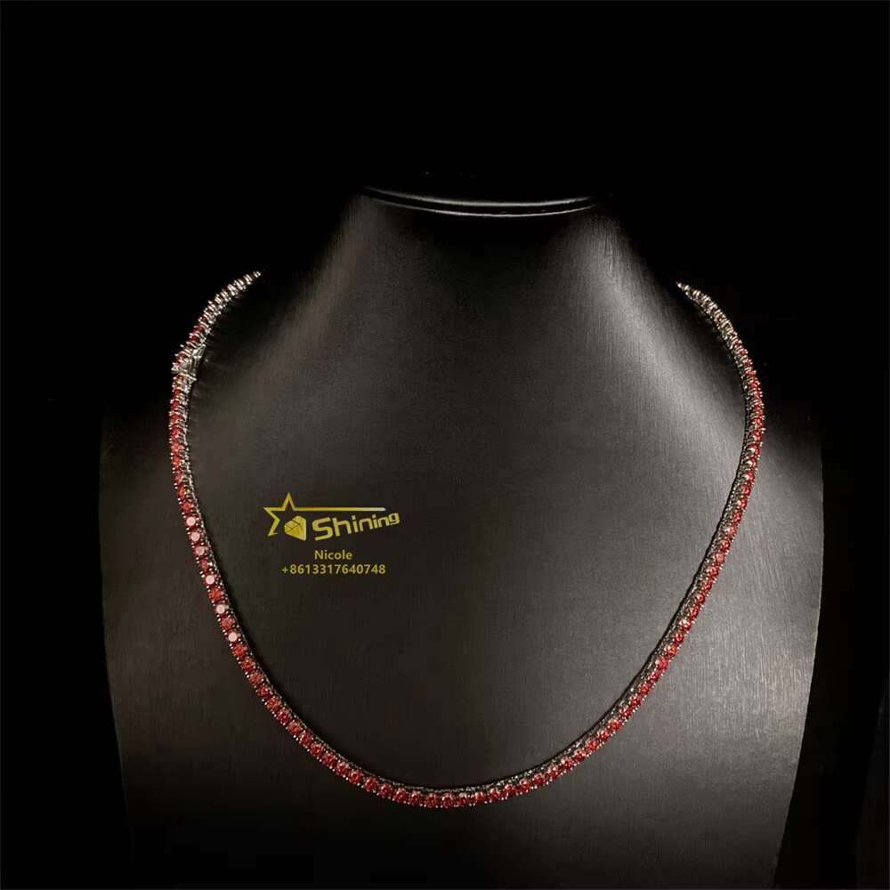 Hip Hop Fashion Factory Directly 925 Sterling Silver 3mm 4mm Tennis Necklace Bracelet Colorful Red Moissanite Tennis Chain