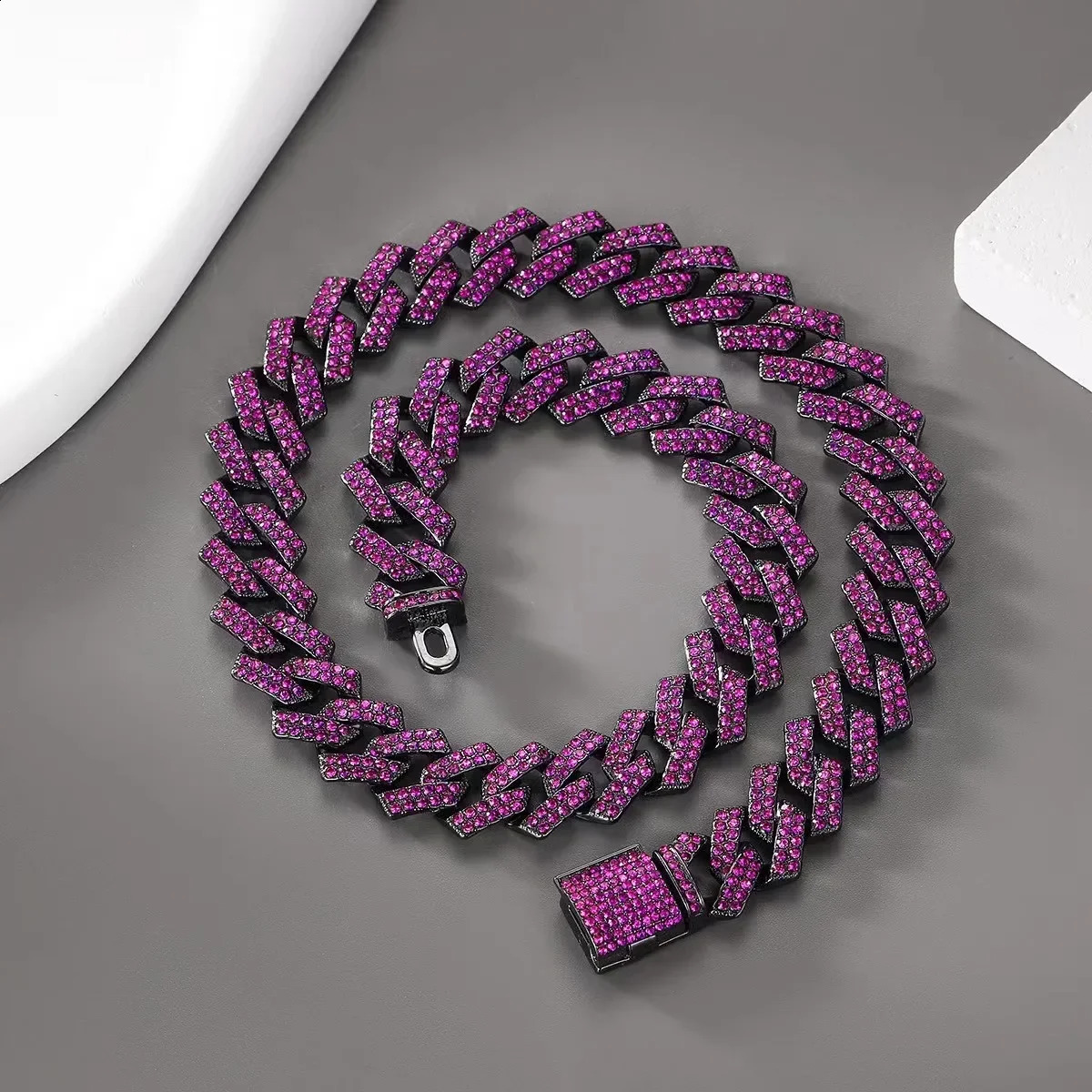 Colorful Purple Stone Ice Out of Miami Cuban Link Chain Necklace Teen Men and Women Hip Hop Trend Necklace Party Kpop 250409