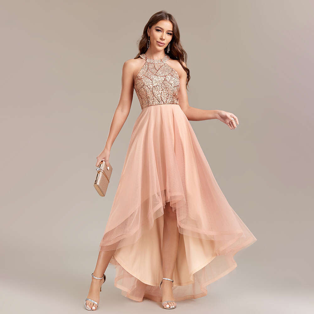 Designer 2025 Heavy Industry's New Hanging Neck Style Sequin Splicing Multi-Layer Mesh Sleeveless Irregular Fluffy Skirt Ball Dress