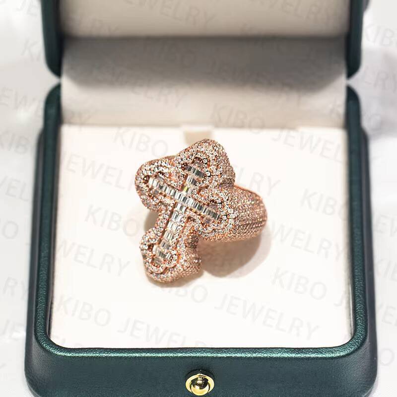 Hip Hop Luxury Cross Ring 925 Sterling Silver Moissanite VVS Baguette Moissanite Diamond for Gift