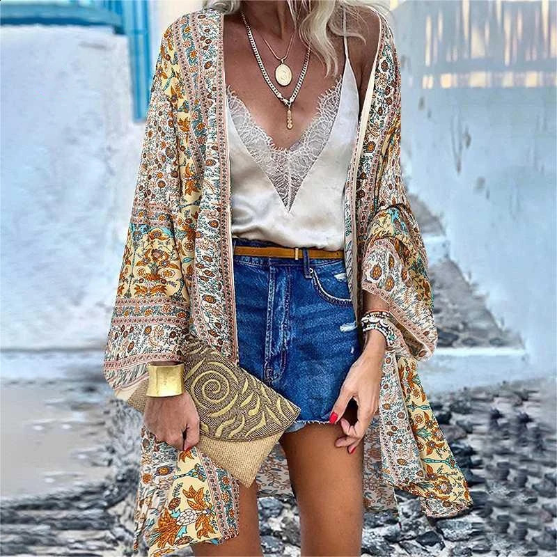 Bohemia Kimono Cardigan Coat for Women Summer Casual Holiday Printed Long-sleeved Loose Jacket Ladies Shawl Bikini Cover Up Top 250409
