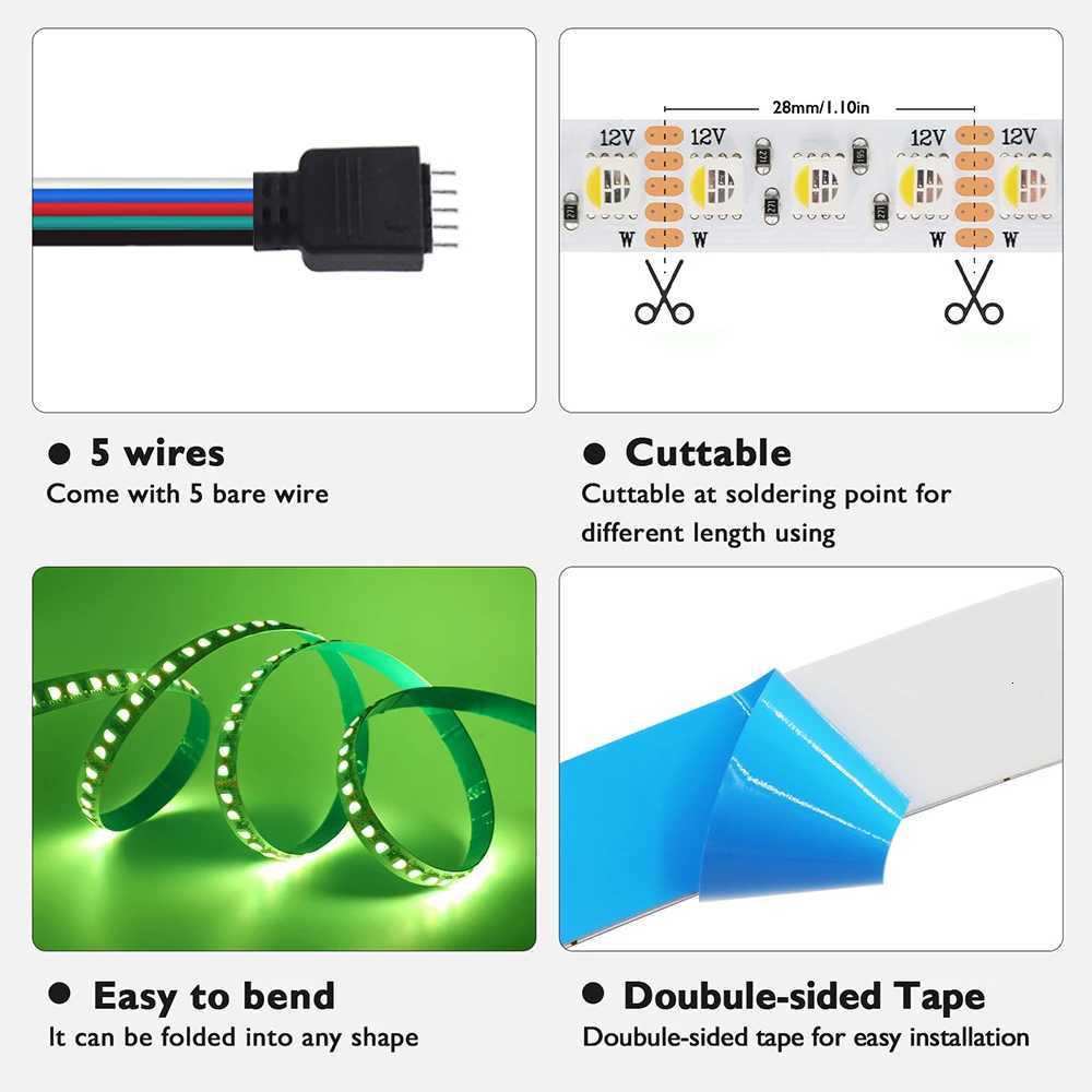 5m RGBW RGBWW Led Strip Light 4 Colors In 1 Chip 12V 24V 5050 120 60 108 LEDs Flexible Tape Ribbon RGB Warm White DC Home Decor W251112